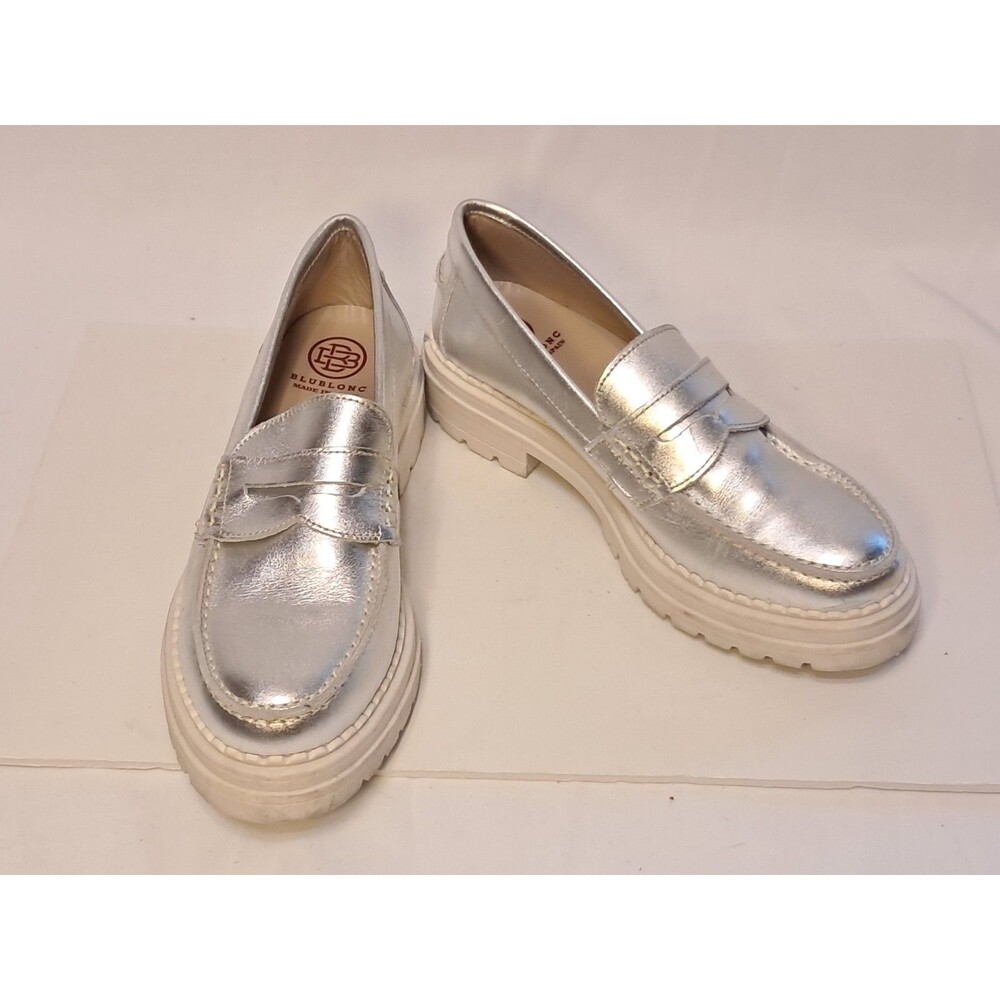 Blublonc Size 36 EU/5.5 US Metallic Silver Loafer Slip On  White Lug Sole